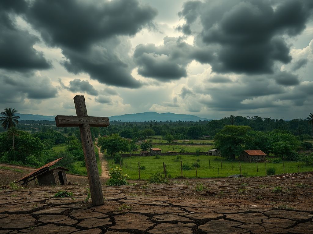 Flick International A weathered wooden cross symbolizing struggle in northern Nigeria's countryside