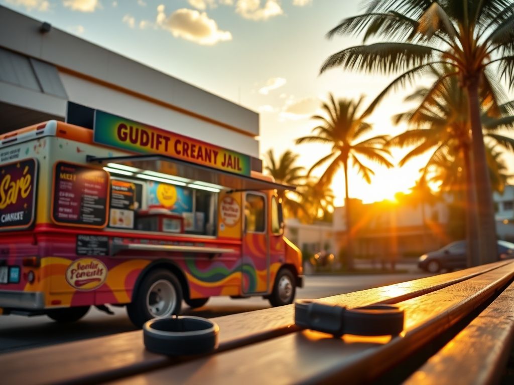 Flick International Vibrant food truck parked outside Miami-Dade County jail with a black ankle monitor on a bench