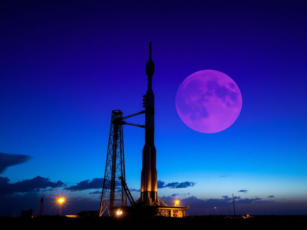Flick International Illuminated Blue Origin New Glenn rocket ready for launch against a dramatic night sky at Cape Canaveral