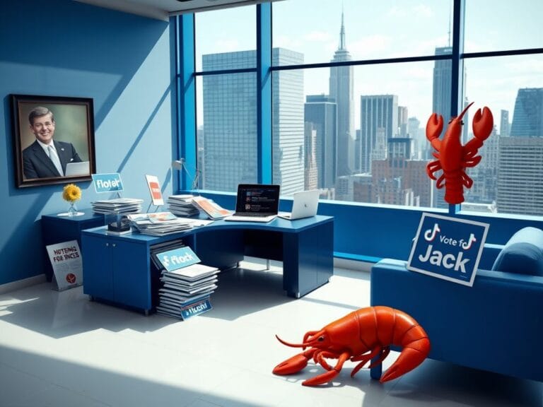 Flick International A modern political campaign scene in an office with New York City skyline