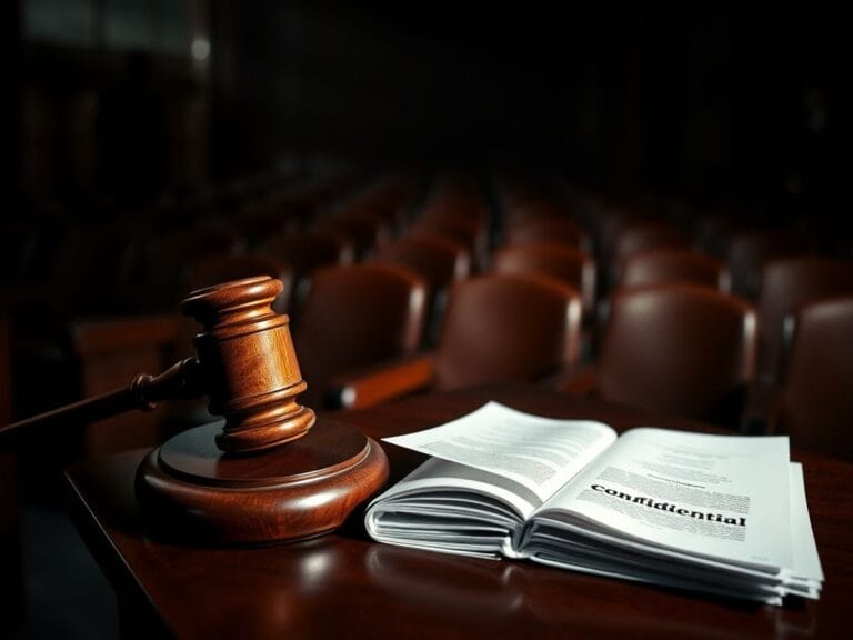 Flick International A wooden judge's gavel on a mahogany bench in a dark courtroom scene