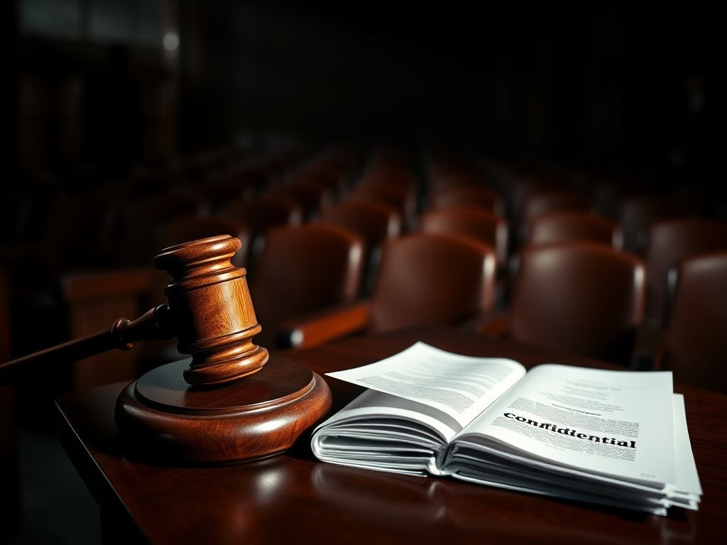 Flick International A wooden judge's gavel on a mahogany bench in a dark courtroom scene