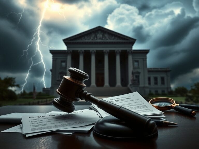 Flick International Dark, imposing courthouse building under a stormy sky with a cracked gavel and legal documents in the foreground