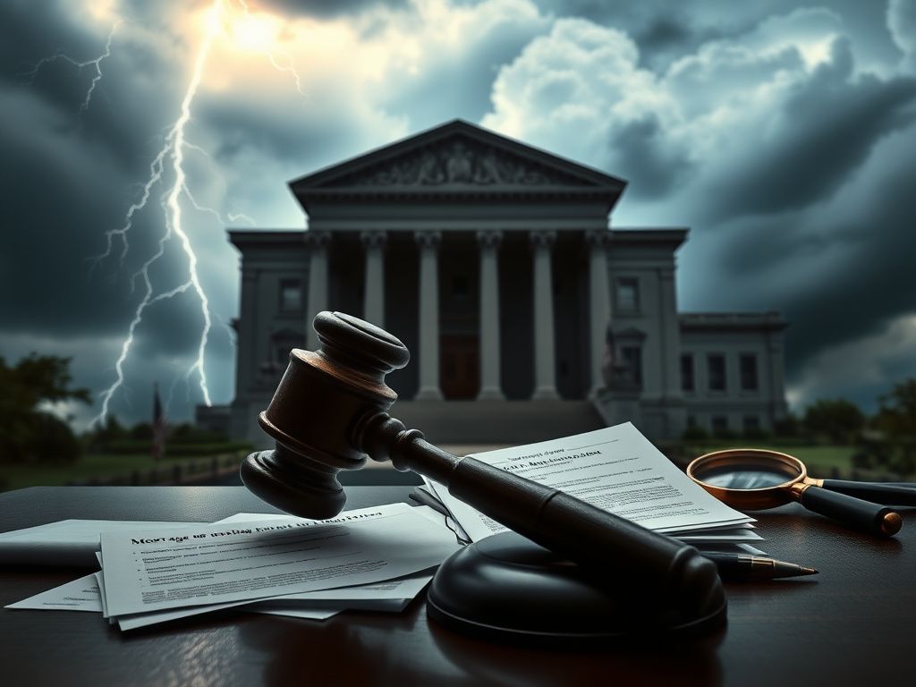 Flick International Dark, imposing courthouse building under a stormy sky with a cracked gavel and legal documents in the foreground