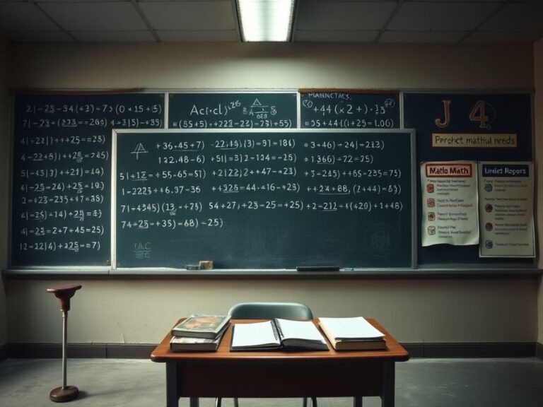 Flick International A stark classroom scene with a worn chalkboard filled with confusing math equations and a solitary desk cluttered with neglected math books.