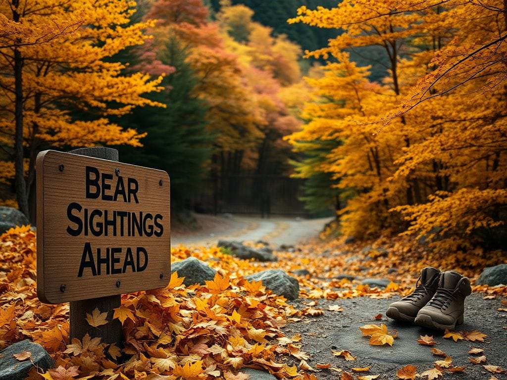 Flick International A rustic wooden sign warning of bear sightings in a Japanese forest during autumn