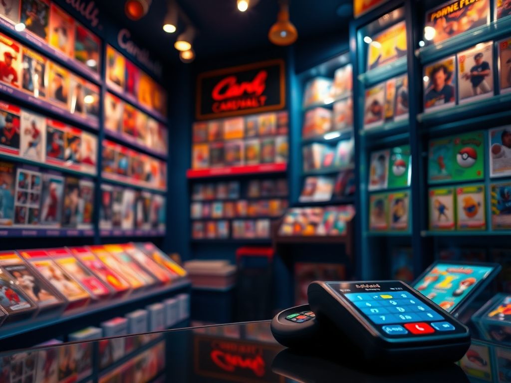 Flick International A vibrant interior of Tom Brady's CardVault store showcasing collectible sports cards