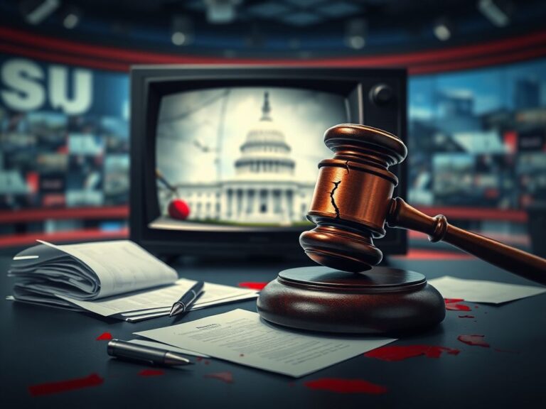 Flick International A cracked gavel symbolizing legal action overshadowing a blurred Capitol building on a television screen