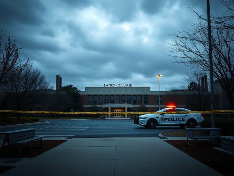 Flick International Exterior view of Laney College in Oakland, California, after a shooting incident, showing police activity and a tense atmosphere.