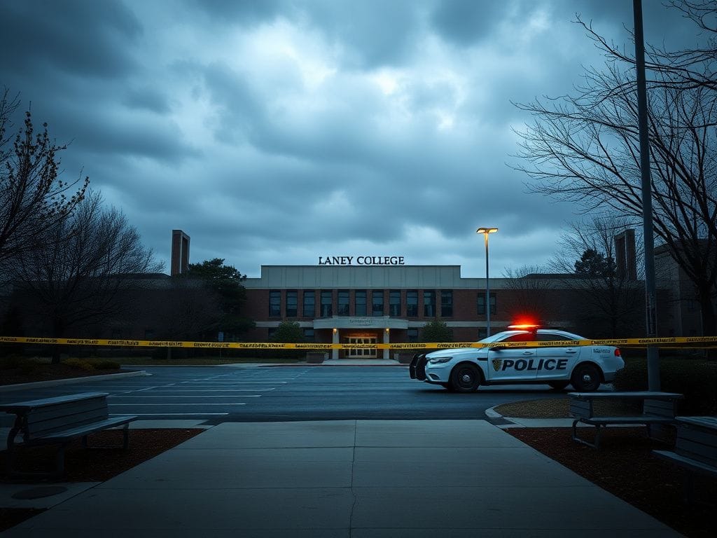 Flick International Exterior view of Laney College in Oakland, California, after a shooting incident, showing police activity and a tense atmosphere.
