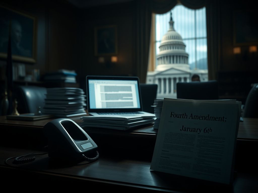 Flick International A dimly lit congressional office with a wooden desk, documents, and a blurred view of the U.S. Capitol.