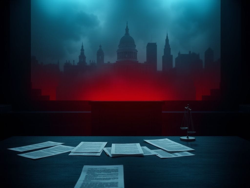 Flick International Abstract depiction of a dimly lit courtroom with an empty witness stand and scattered redacted documents