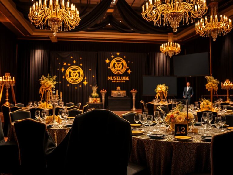 Flick International Luxurious ballroom setting with spy-themed decor at a high-profile masquerade party