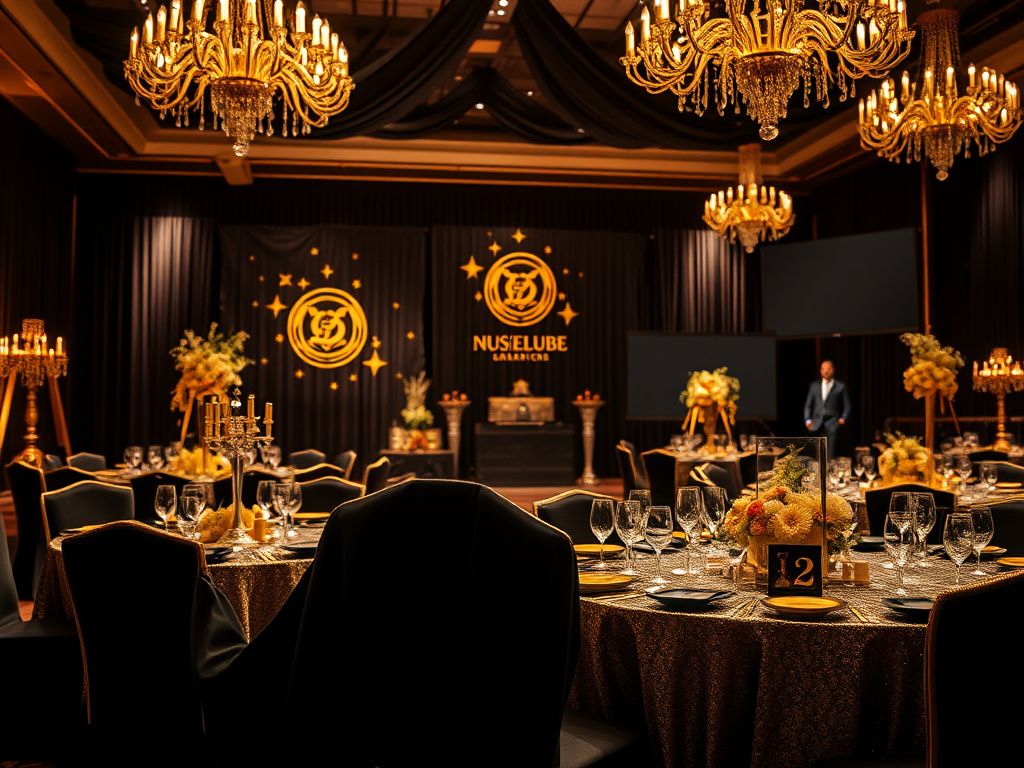 Flick International Luxurious ballroom setting with spy-themed decor at a high-profile masquerade party