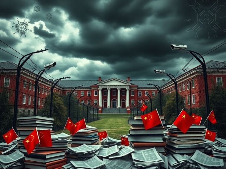 Flick International Fortified university campus with barbed wire and surveillance cameras reflecting security concerns over Chinese student visas