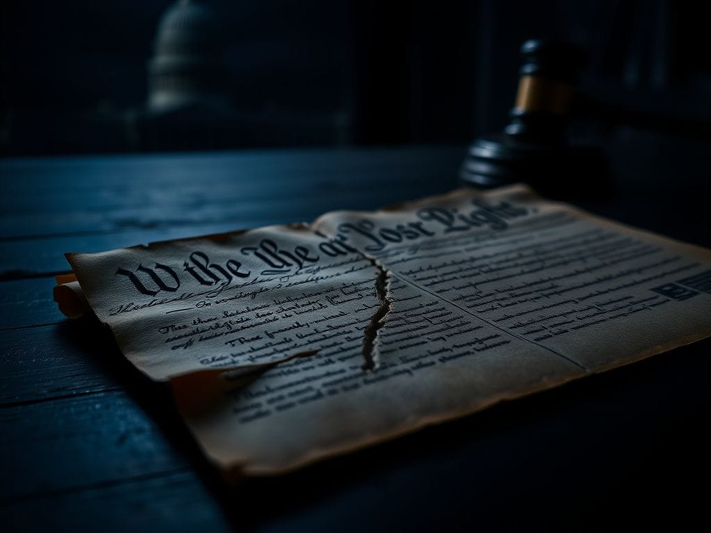 Flick International Close-up view of a cracked and weathered U.S. Constitution on a dark wooden surface