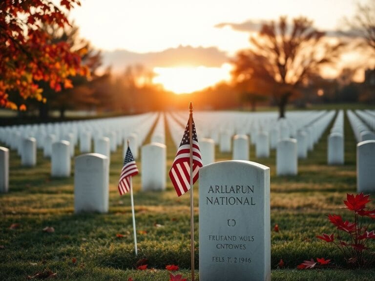 Flick International A serene landscape at Arlington National Cemetery with a grave and American flag