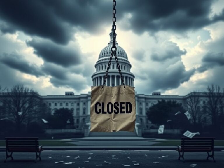 Flick International A government building, like the U.S. Capitol, surrounded by dark clouds representing the turmoil of a government shutdown.