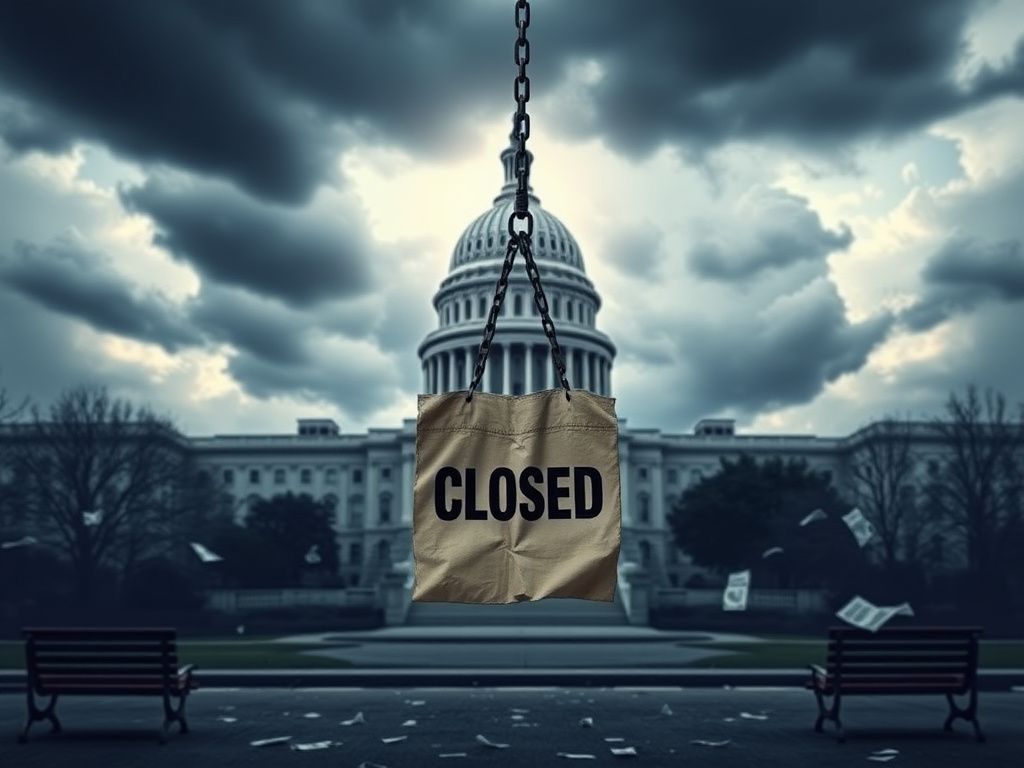 Flick International A government building, like the U.S. Capitol, surrounded by dark clouds representing the turmoil of a government shutdown.