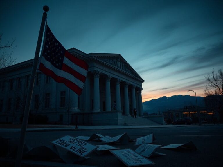 Flick International Somber courthouse scene at dusk with American flag and protest signs