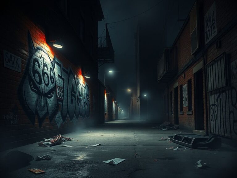 Flick International Graffiti mural of a demonic face tattoo representing gang affiliation