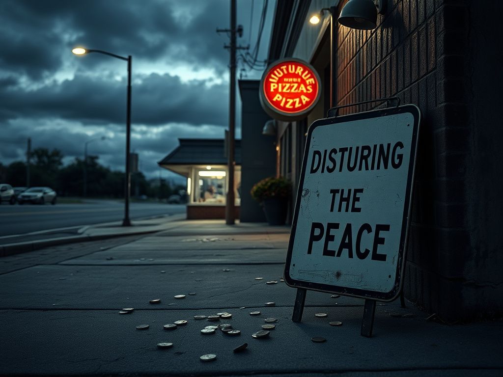 Flick International A stark street scene outside a dimly lit pizza restaurant with scattered coins on the sidewalk