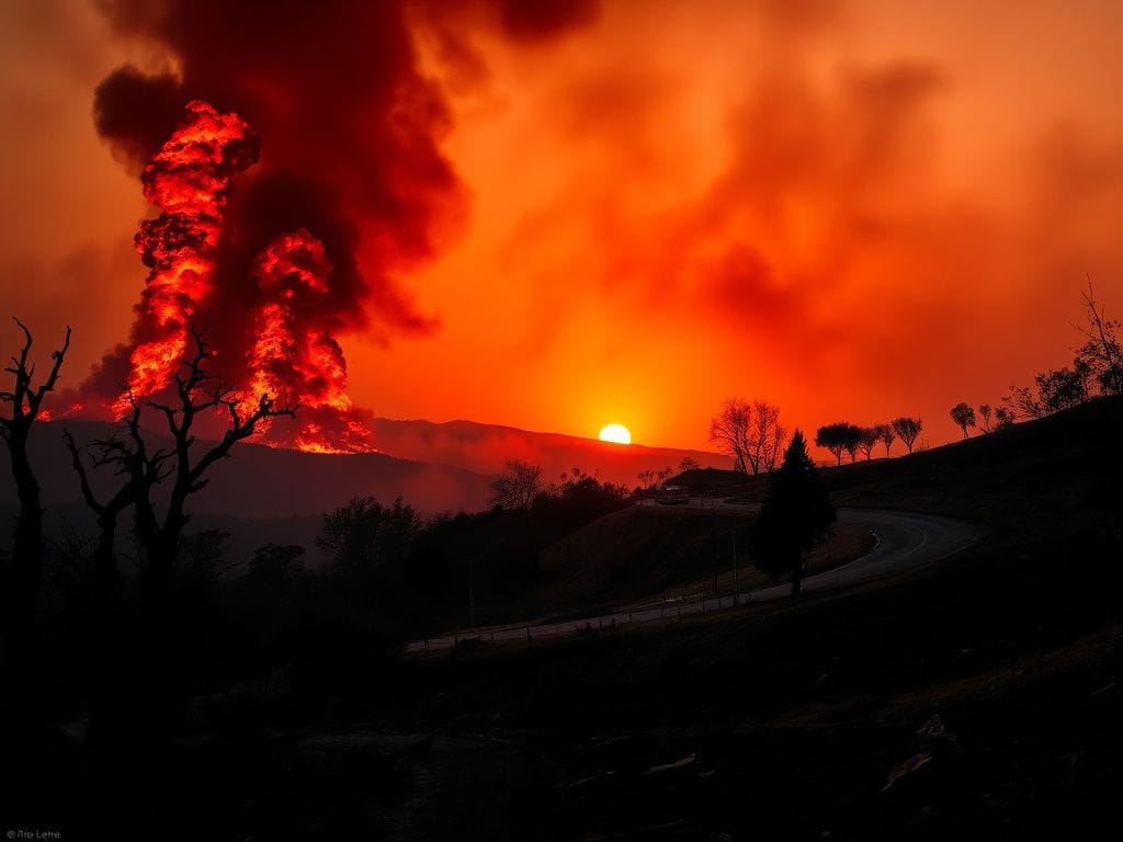 Flick International Dramatic wildfire scene in Pacific Palisades with flames and smoke
