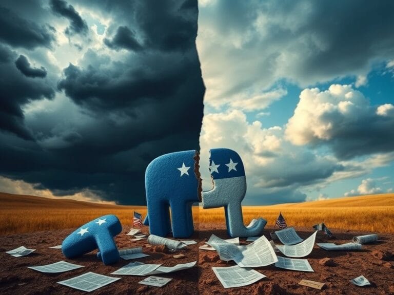 Flick International A divided Democratic Party depicted with a stormy sky on one side and a hopeful sky on the other.