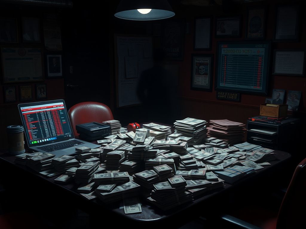 Flick International Dark, cluttered scene of an illegal sports betting operation with cash and betting slips