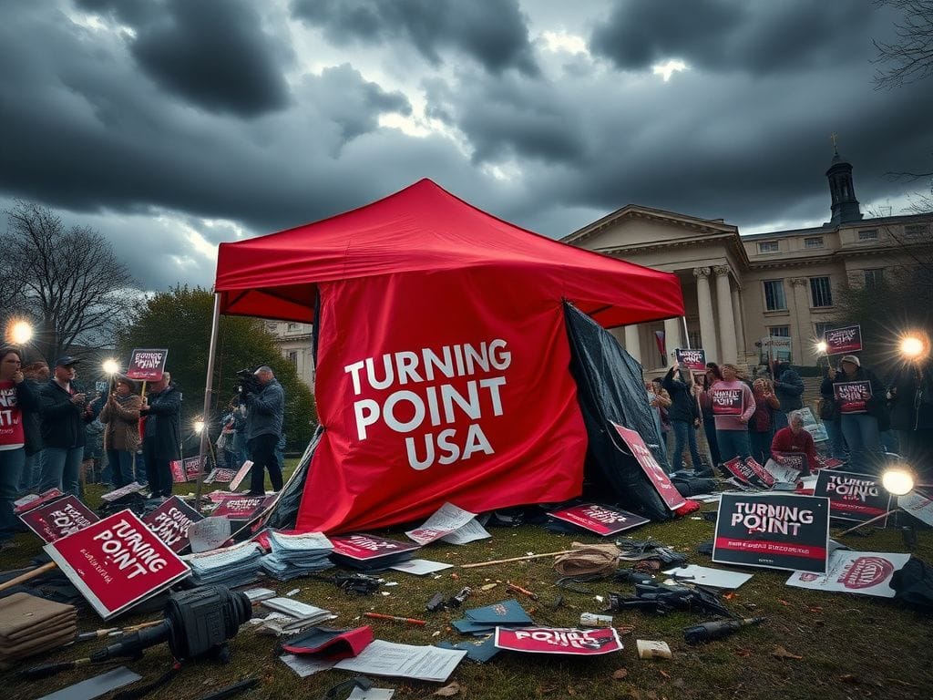 Flick International Protest scene at UC Davis with damaged Turning Point USA tent and scattered signs