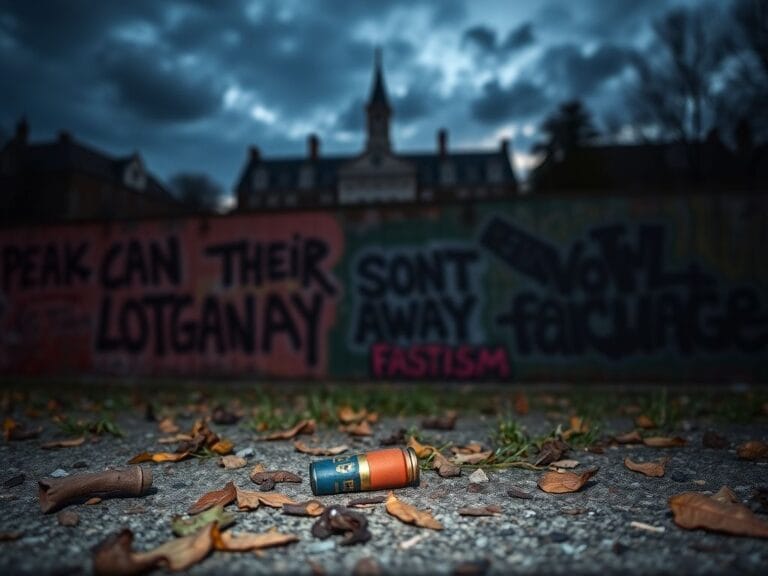 Flick International Dark campus scene featuring graffiti promoting violence against law enforcement with a bullet casing on the ground