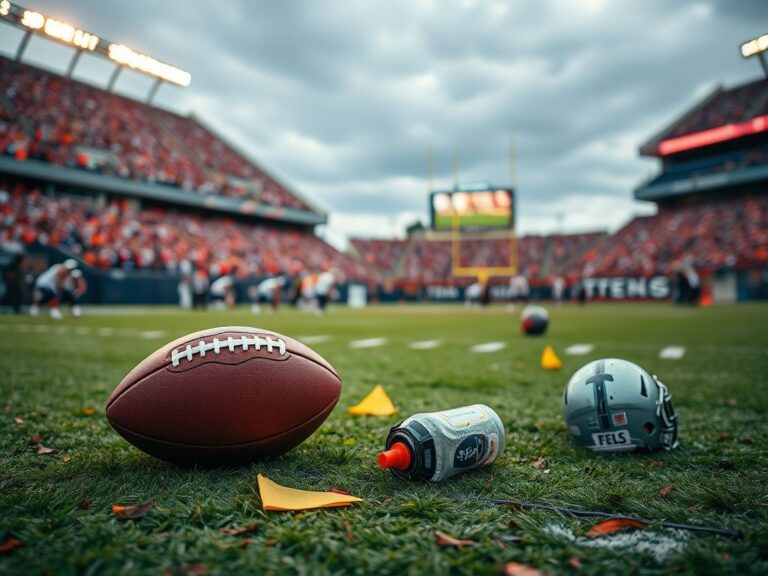 Flick International Football lying motionless on the grass near a blurred player's helmet during a tense game between the Texans and Broncos.