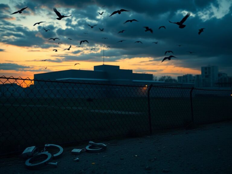 Flick International Exterior of a large detention facility at dusk with a rusted chain-link fence and dark clouds