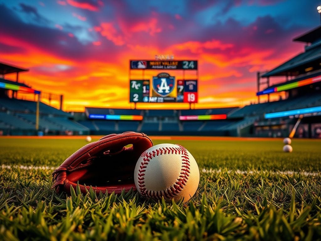 Flick International A baseball glove and ball on the grass with a vibrant sunset sky in the background