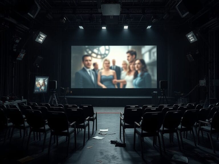 Flick International A dimly lit Hollywood film studio with empty chairs facing a vintage movie screen displaying AI-generated images