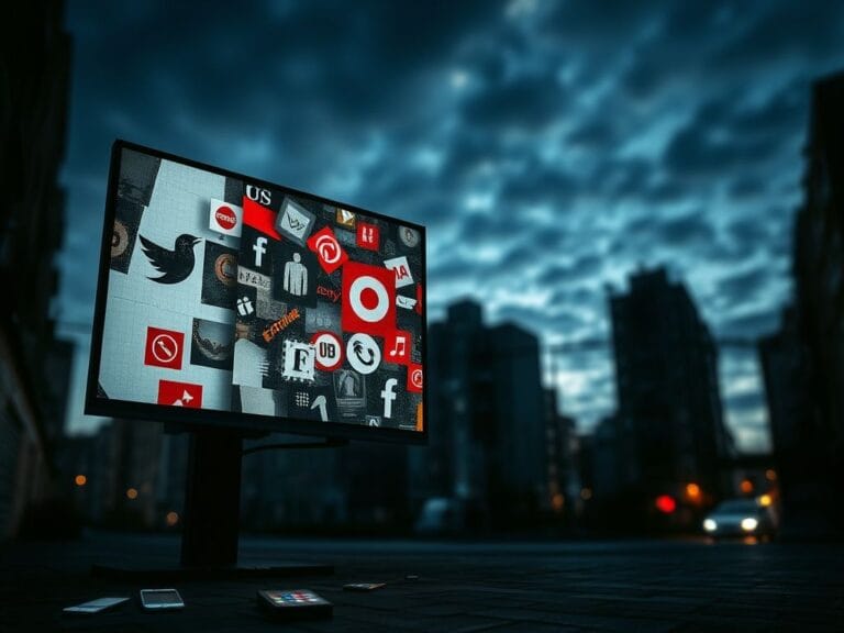 Flick International Dark urban landscape at dusk with blurred building silhouettes and a digital screen symbolizing online extremism.