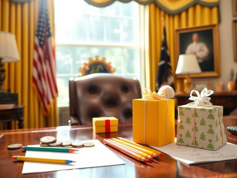 Flick International Warmly lit Oval Office scene with colorful challenge coins and gift boxes