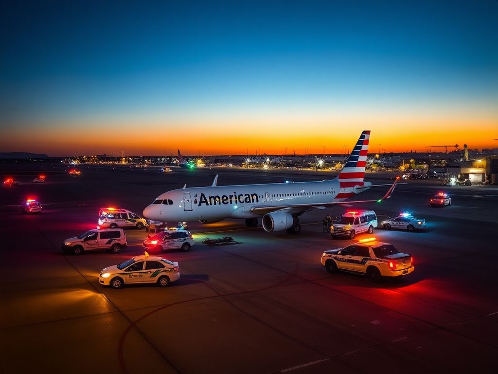 Flick International Aerial view of an American Airlines Airbus A320 grounded on the runway with emergency vehicles nearby