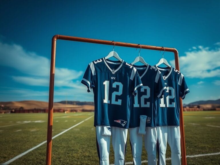 Flick International Display of New England Patriots' Nor'easter uniforms on a vintage rack