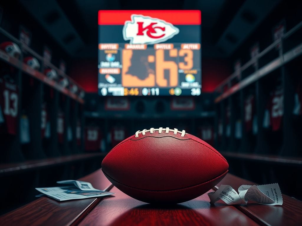 Flick International A dimly lit locker room with a football on a wooden bench, representing focus and determination amidst the distractions of sports betting.