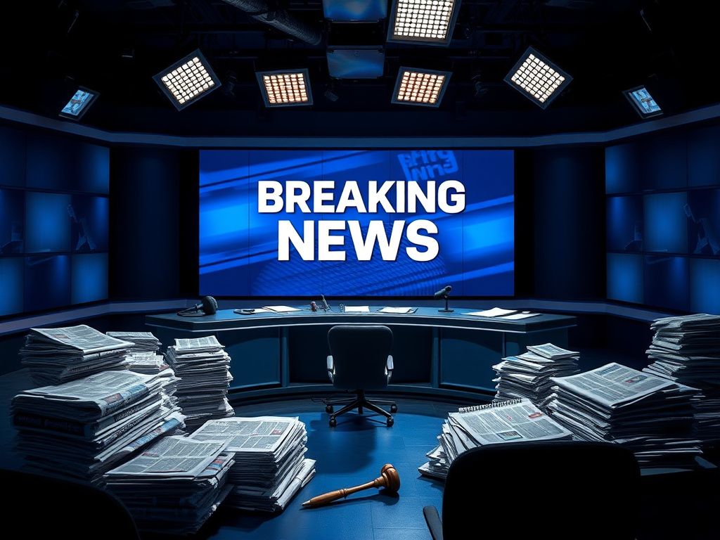 Flick International Dimly lit television studio backdrop with empty news desk and 'Breaking News' screen