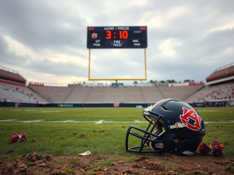 Flick International A cracked football helmet lying in the dirt of Auburn University's football field, symbolizing lost hopes after the team's disappointing season.
