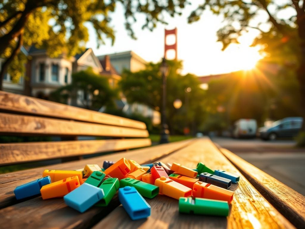 Flick International Colorful whistles on a park bench in a San Francisco neighborhood during sunset