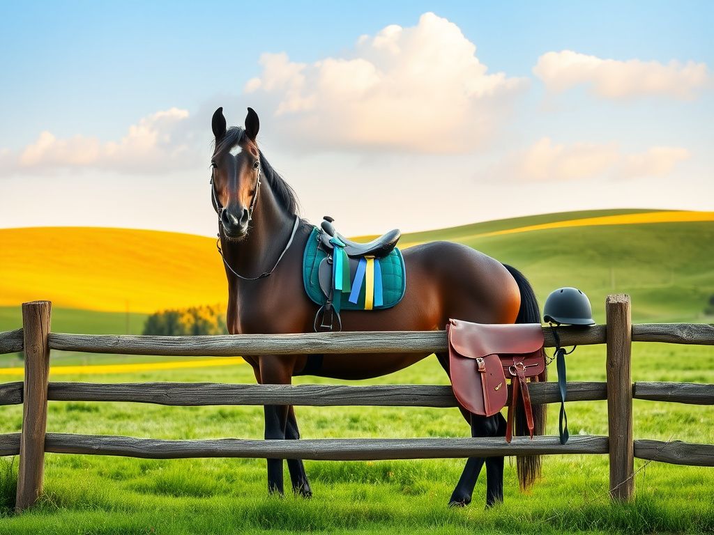 Flick International A serene equestrian scene featuring a calm horse beside a wooden fence in a picturesque countryside setting