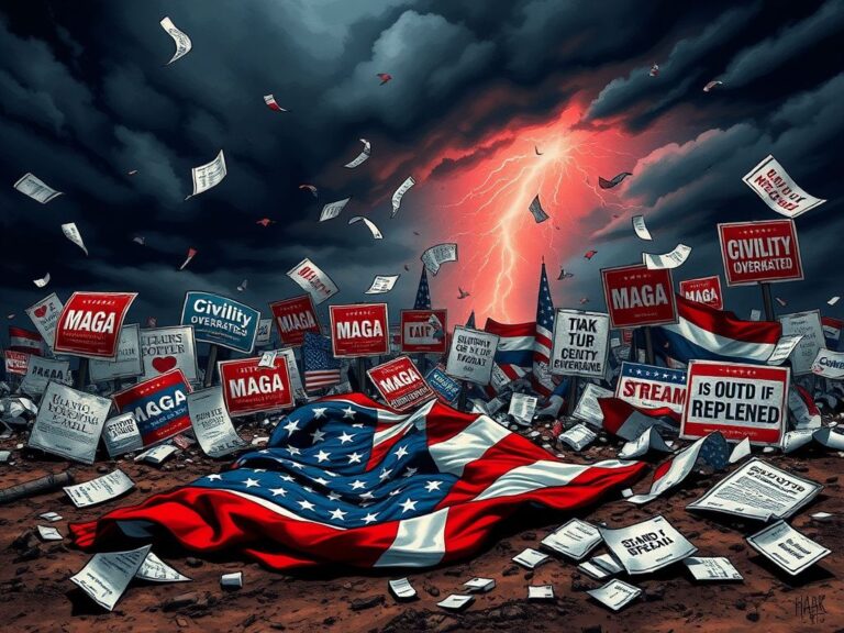 Flick International A crumpled American flag surrounded by torn political posters representing a chaotic political landscape