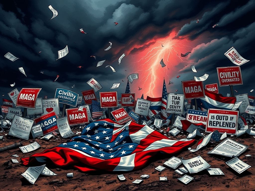 Flick International A crumpled American flag surrounded by torn political posters representing a chaotic political landscape