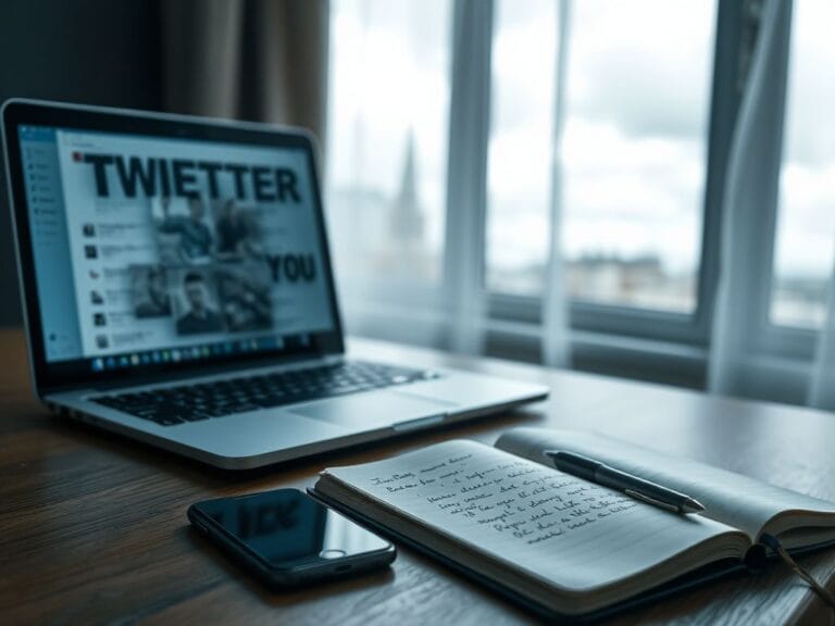 Flick International A reflective scene showing an open laptop on a wooden desk with social media tweets and a dark smartphone, symbolizing personal growth