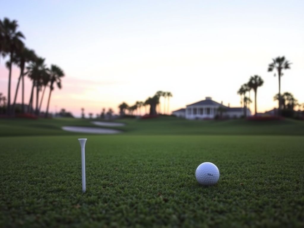Flick International Serene golf course landscape at dawn with colorful sand traps and vibrant flower beds