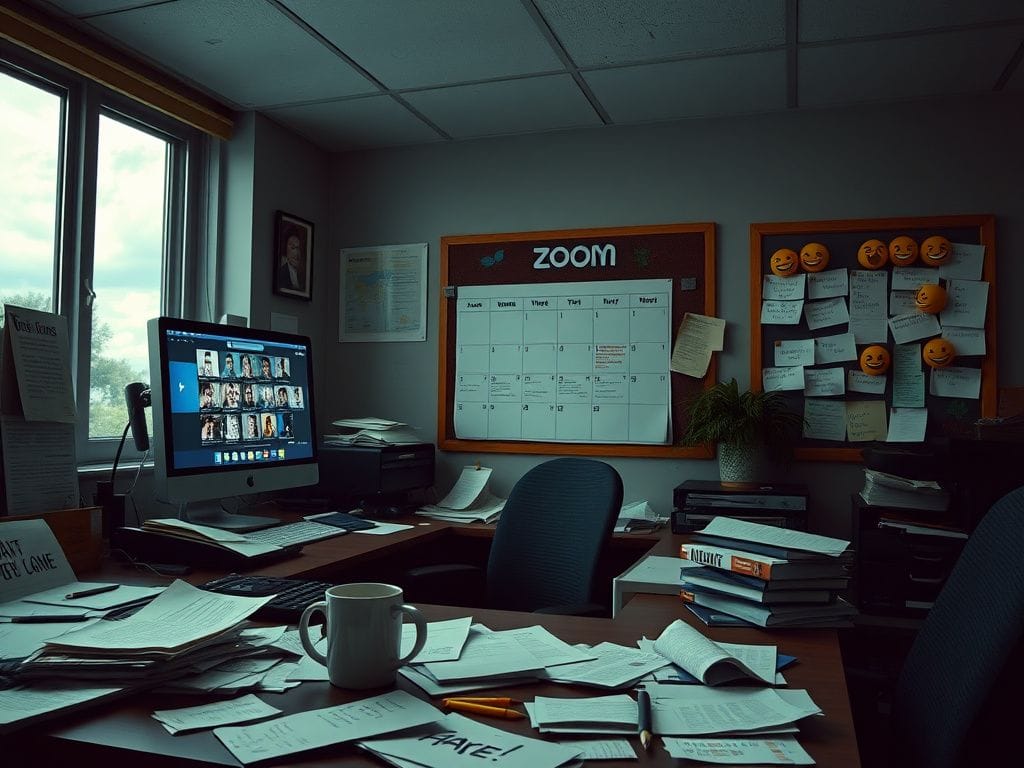 Flick International Dimly lit office space showcasing a chaotic work environment with papers and a Zoom meeting interface.