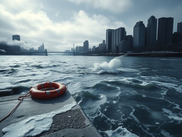 Flick International Dramatic scene of the Harlem River with swirling currents and patches of ice signifying a recent rescue effort